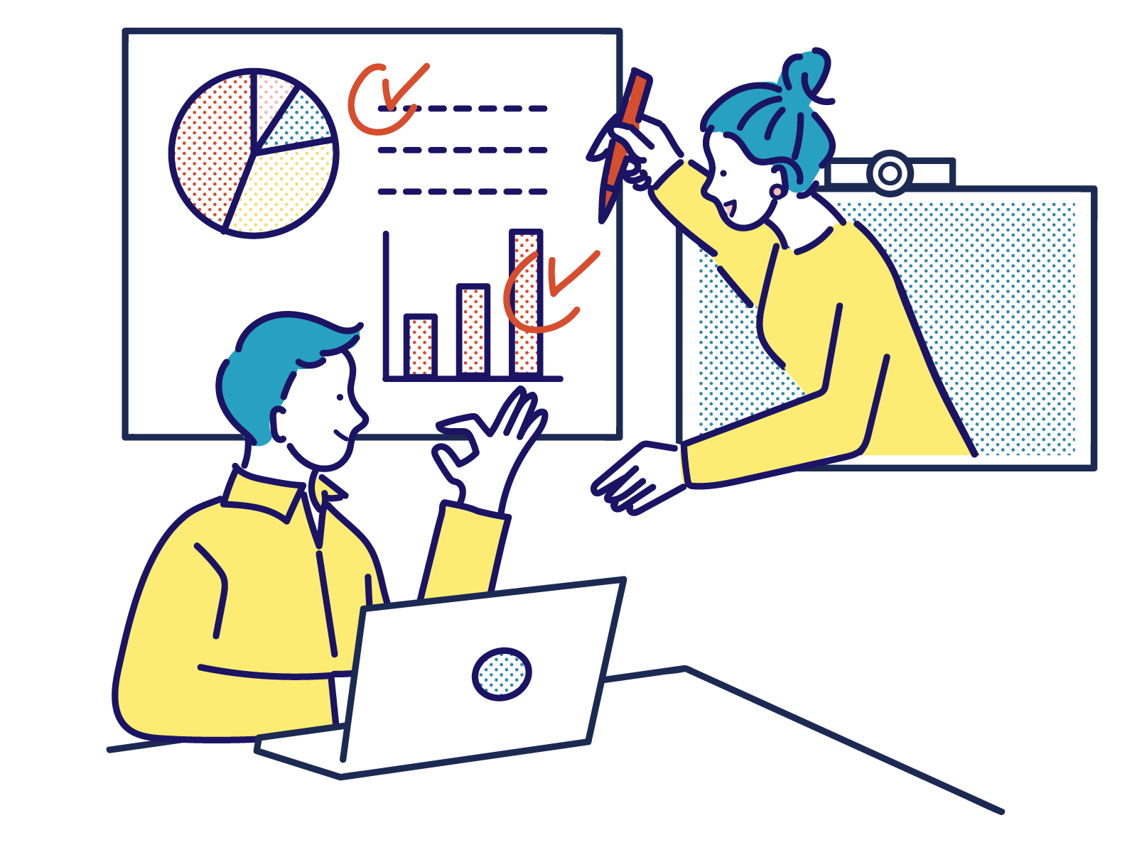データを可視化しながら話し合いをしている様子のイラスト